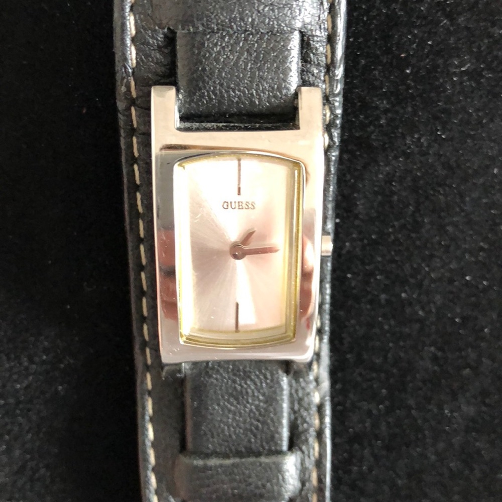 GUESS silver tone watch with black leather band